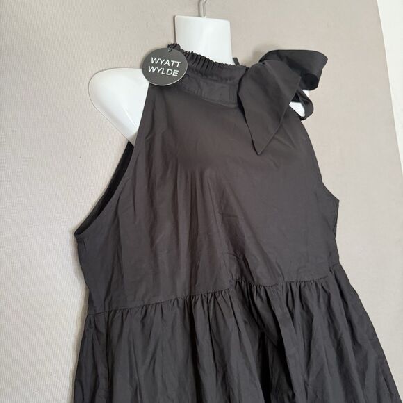 WYATT WYLDE Maxi Dress Large L Black Womens Helena Tie Neck Pockets Cotton New - Picture 5 of 13